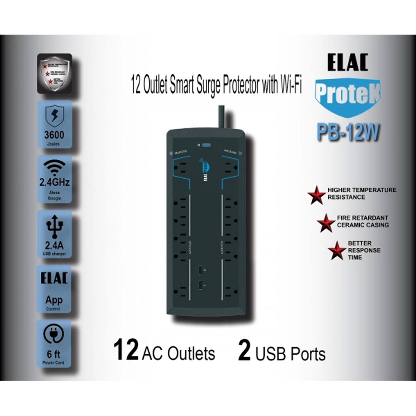 ELAC Protek PB-12W 12 Outlet Smart Surge Protector with Wi-Fi