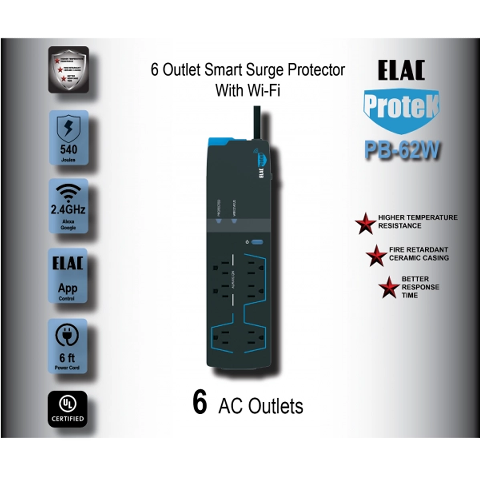 ELAC Protek PB-62W 6 Outlet Smart Surge Protector with Wi-Fi