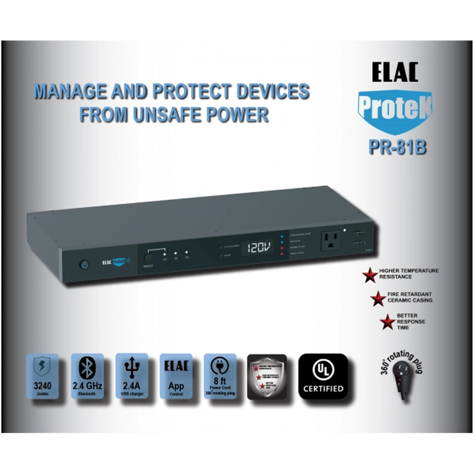 ELAC Protek PR-81B 9 Outlet Component Smart Surge Protector with Bluetooth LE