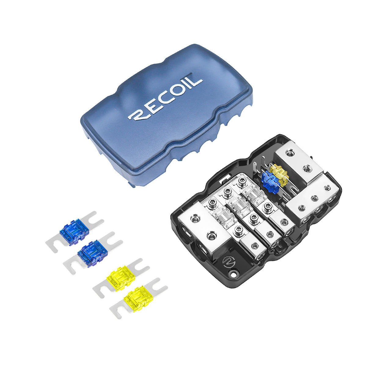 RECOIL 3 Position Combination Power / Ground Distribution Block - 1/0 AWG inputs / 4 AWG Power & Ground Outputs (MPG3)