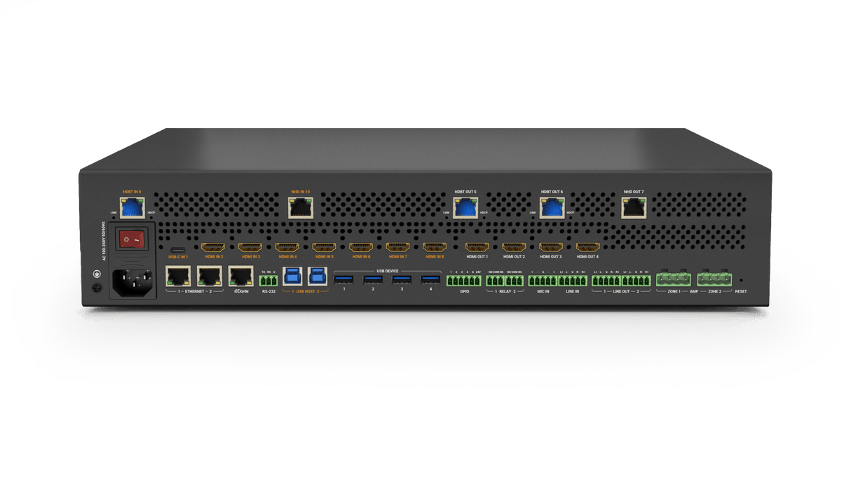 Wyrestorm 4K60Hz 10x7 Seamless Matrix | 4K60Hz 4:4:4 | 7 HDMI & 1 USB-C input | NetworkHD (500 series) & HDBaseT Inputs & outputs (MX1007HYB)