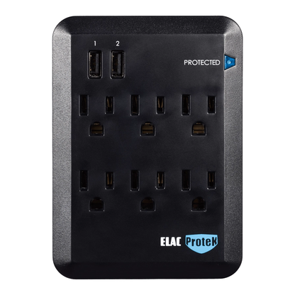 ELAC Protek PB-62S Six Outlet Wall Tap Surge Protector with USB