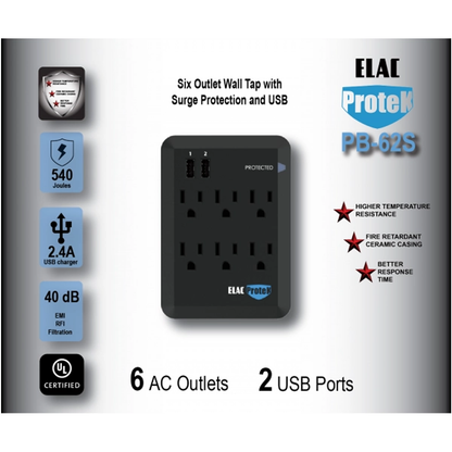 ELAC Protek PB-62S Six Outlet Wall Tap Surge Protector with USB