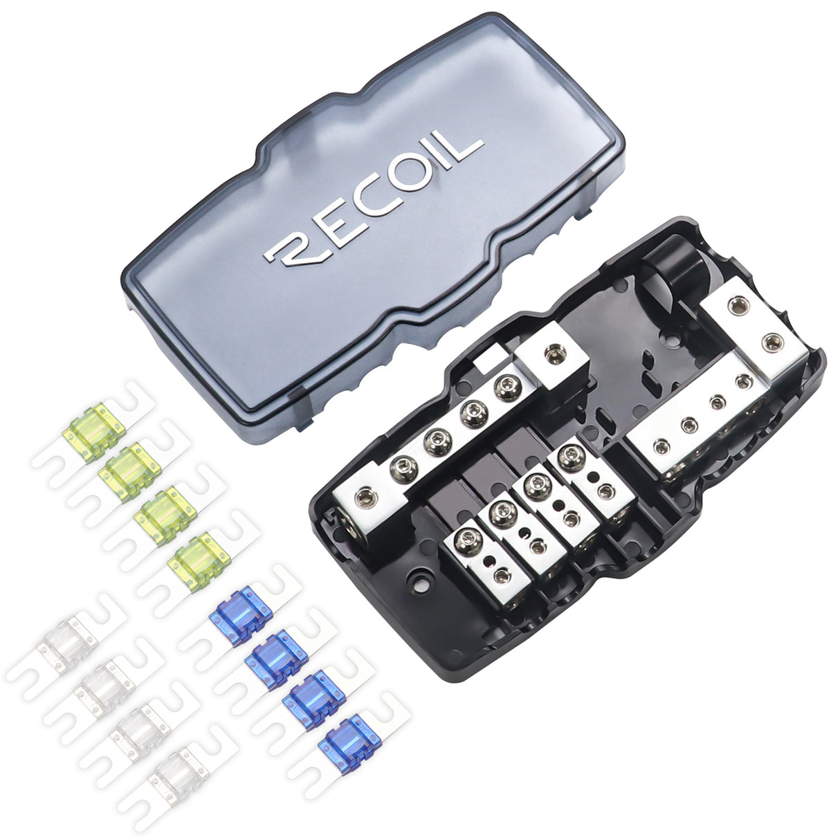 RECOIL 4 Position Combination Power / Ground Distribution Block - 1/0 AWG inputs / 4 AWG Power & Ground Outputs (MPG4)