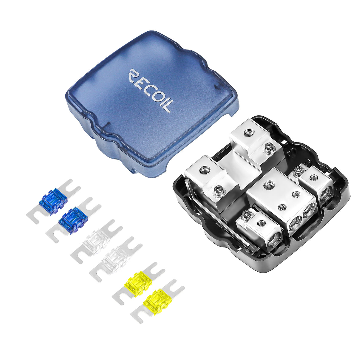 RECOIL 2 Position Combination Power / Ground Distribution Block - 1/0 AWG inputs / 4 AWG Power & Ground Outputs (MPG2)