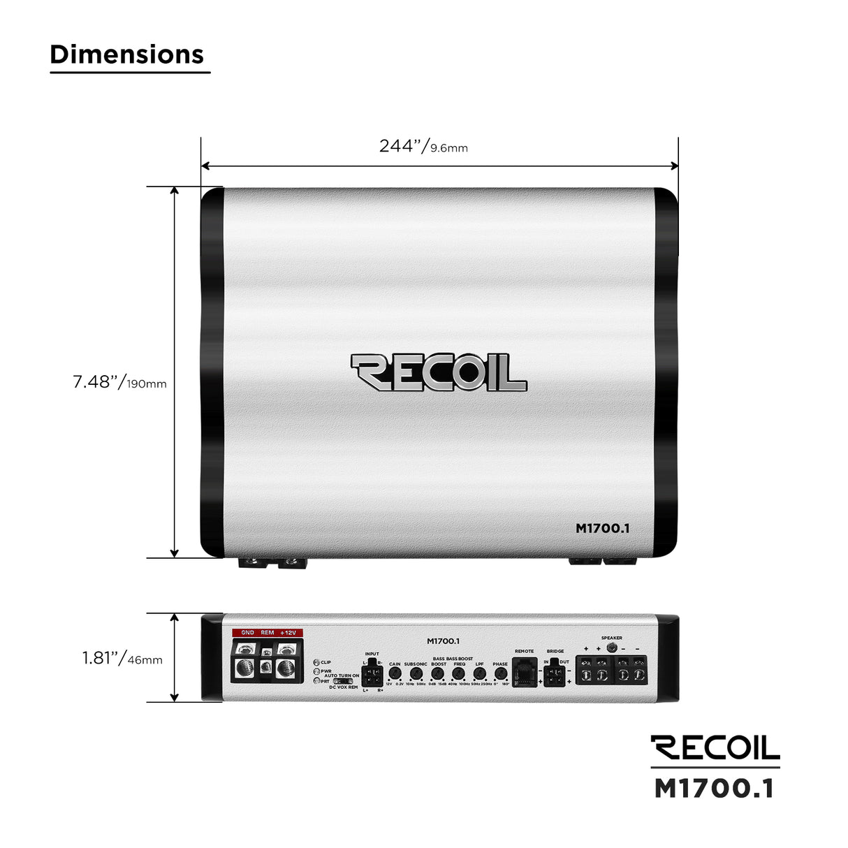 RECOIL Marine Grade 1-Channel Amplfiier - 1700 Watts x 1 RMS @ 1 Ohm (M17001)