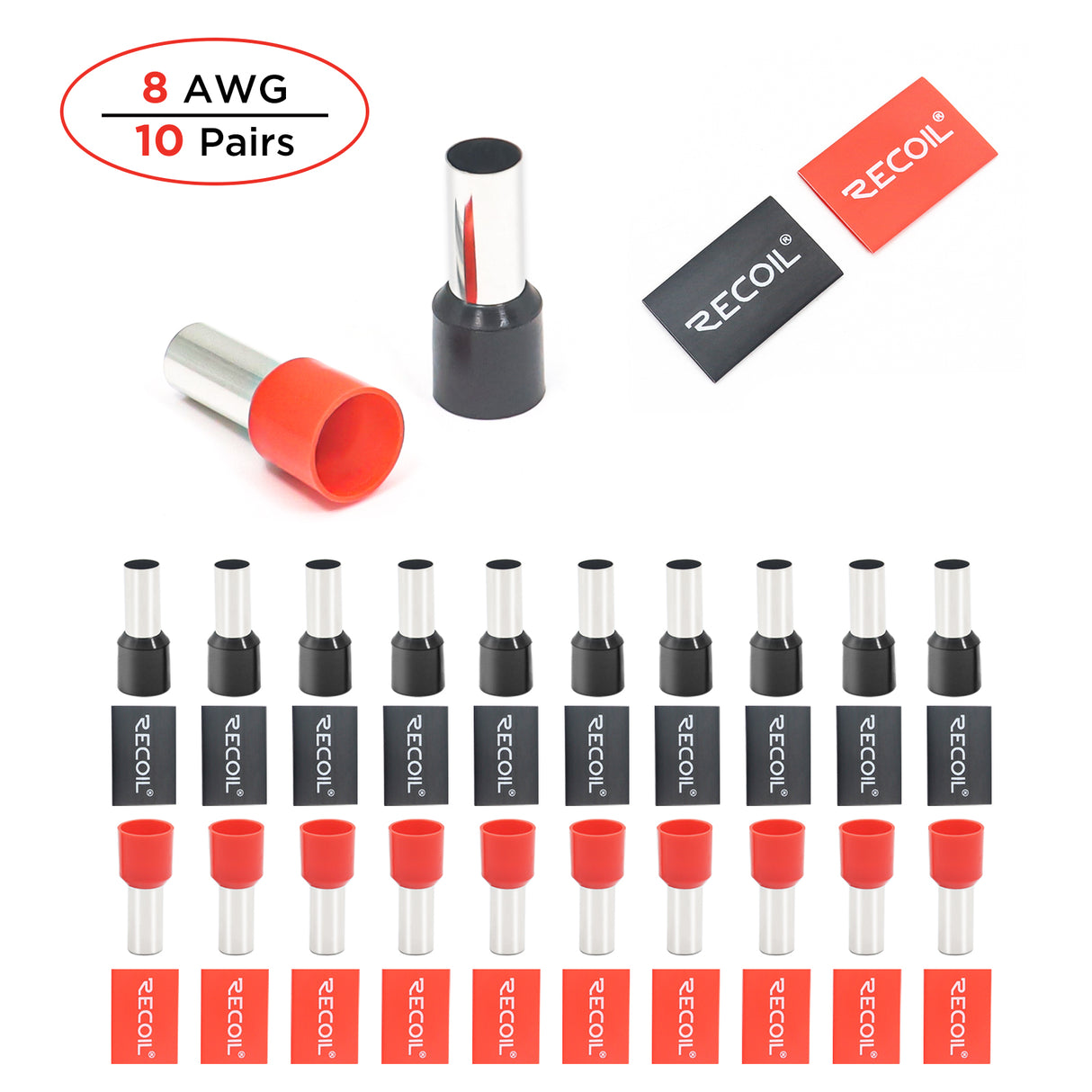 RECOIL Wire Ferrules 8 AWG - 20 Pack (10 Red, 10 Black) (WF820)