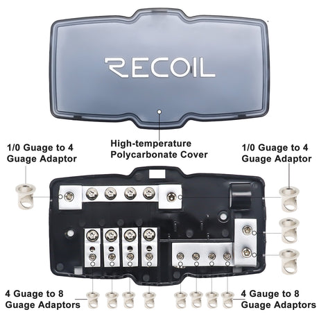 RECOIL 4 Position Combination Power / Ground Distribution Block - 1/0 AWG inputs / 4 AWG Power & Ground Outputs (MPG4)